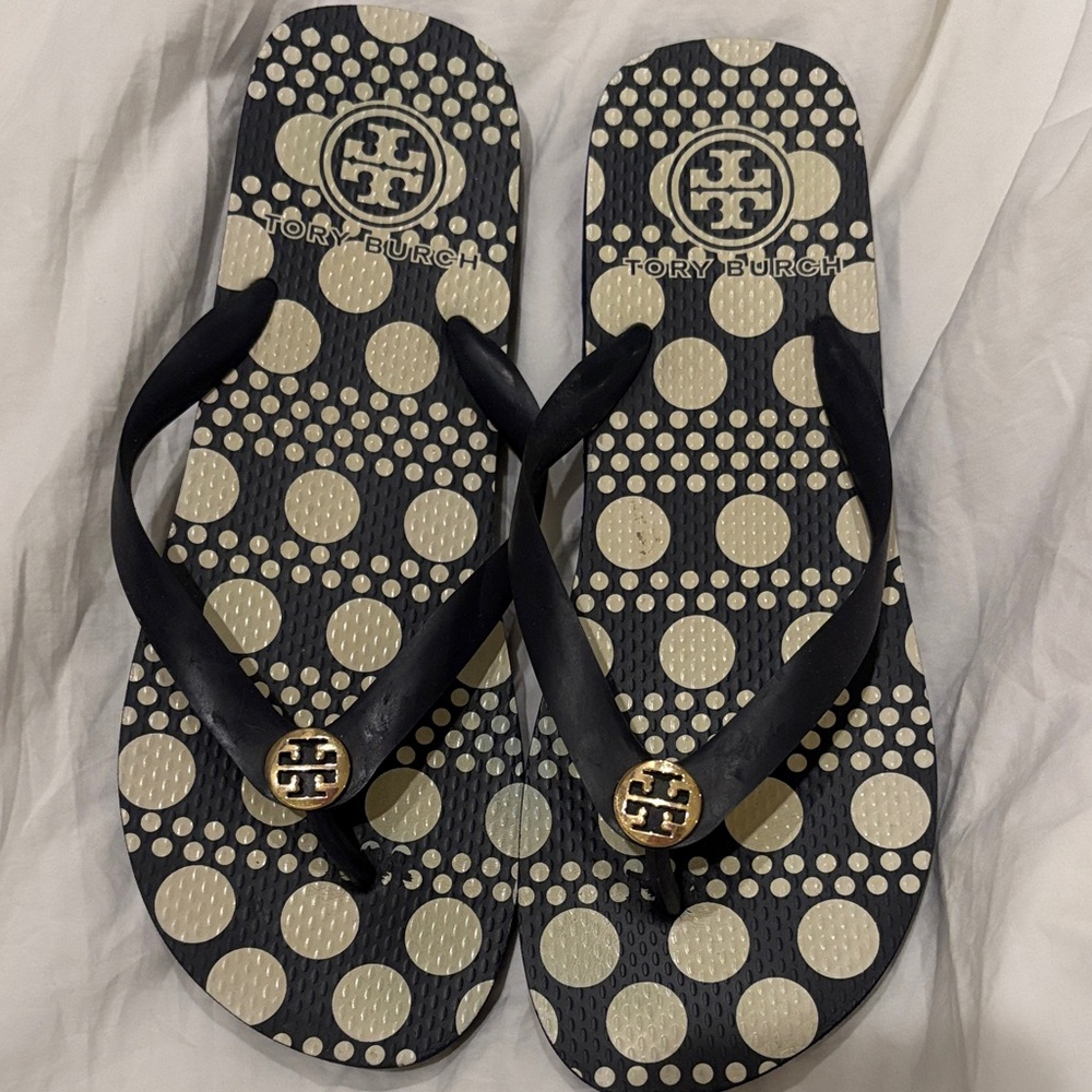 Tory Burch Black and Cream Polka Dot Sandals